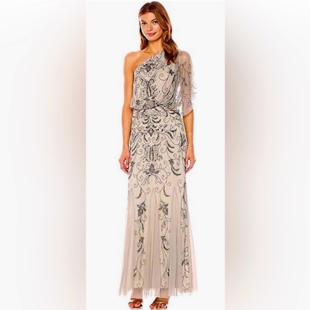 Adrianna Papell one shoulder beaded platinum gown